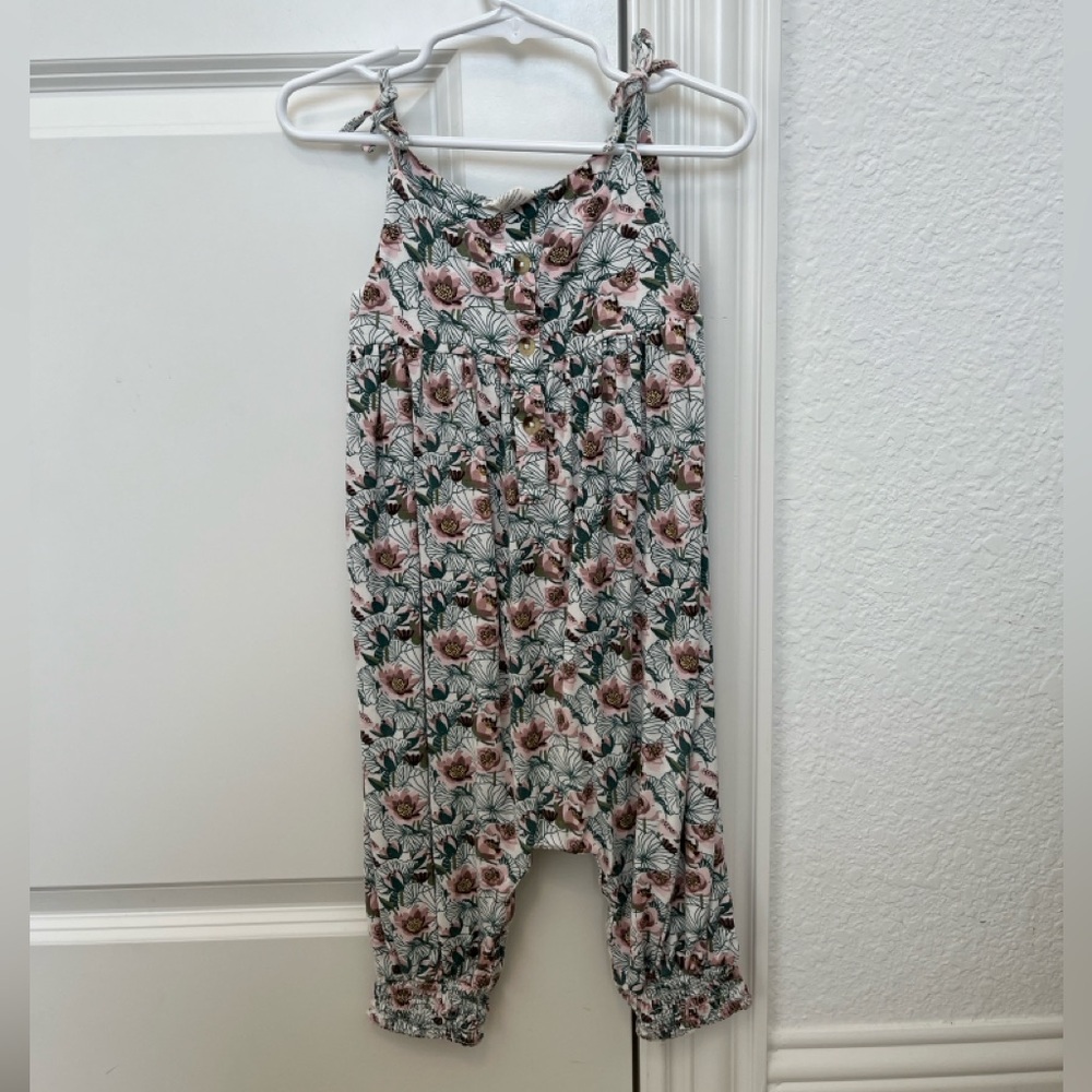 Kate Quinn Organics Floral Pink and Green Tie-Shoulder Jumpsuit Romper
